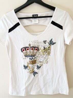 D&G White Short Sleeve Tee with rhinestone accents
